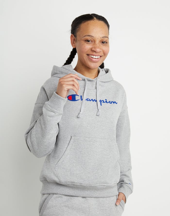 Champion Powerblend Fleece Relaxed Script Logo Kadın Kapşonlu Sweatshirt Gri ( HQXUJA193 )